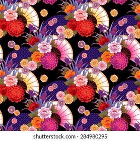 Seamless vector pattern. Traditional japanese motif with fans and flowers. 