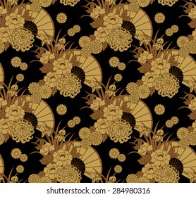 Seamless vector pattern. Traditional japanese motif with fans and flowers. 