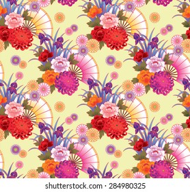 Seamless vector pattern. Traditional japanese motif with fans and flowers. 