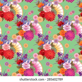 Seamless vector pattern. Traditional japanese motif with fans and flowers. 