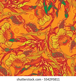 Seamless vector pattern. Traditional japanese motif with fans and flowers.