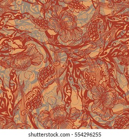 Seamless vector pattern. Traditional japanese motif with fans and flowers.