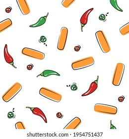 Seamless vector pattern with traditional Korean food - tteokbokki rice sticks and chili peppers. Hand drawn cartoon sketch illustration for menu or wrapping paper decoration