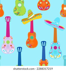 Seamless vector pattern with traditional Mexican guitars and sombrero. Bright and fun background in cyan, orange, green colors for kids and adults  