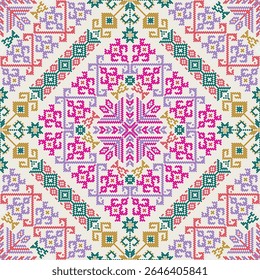 Seamless vector pattern with traditional Mexican Teenek Huastek embroidery symbols