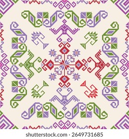 Seamless vector pattern with traditional Mexican Teenek Huastek embroidery symbols