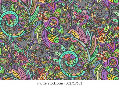 Seamless vector pattern with traditional oriental colorful floral ornament with a lot of details  in doodle style