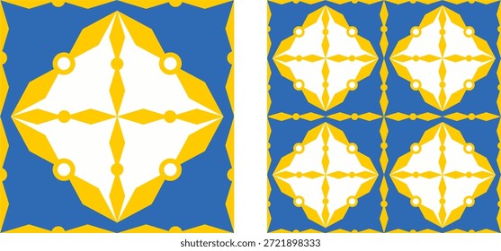 Seamless Vector Pattern with Traditional Portuguese Azulejo Tiles in Blue and Yellow
