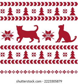 Seamless vector pattern in traditional Scandinavian style in red color on a white background. Cozy classic Nordic winter Christmas ornament with classic elements and figures silhouettes of cats.
