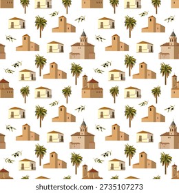Seamless vector pattern with traditional Spanish architecture, palm trees inspired by Andalusia and Granada.