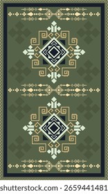 Seamless vector pattern of a traditional tribal rug design in earthy green, beige, and navy tones. Features geometric symmetry.