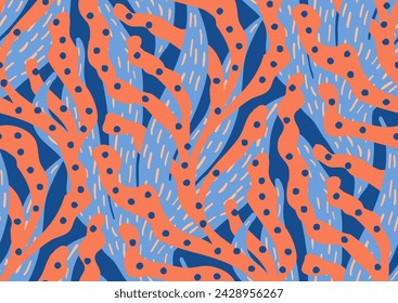 Seamless vector pattern with trailing corals and algae. Trendy peach fuzz pantone, apricot crush, blue colors. for beach swimsuit, sport active wear print, fabric, textile, wallpapers.