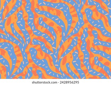 Seamless vector pattern with trailing corals and algae. Trendy peach fuzz pantone, apricot crush, blue, orange colors. for beach swimsuit, sport active wear print, fabric, textile, wallpapers.