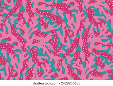 Seamless vector pattern with trailing corals and algae. Trendy peach fuzz pantone, pink yarrow, turquoise colors. for beach swimsuit, sport active wear print, fabric, textile, wallpapers.