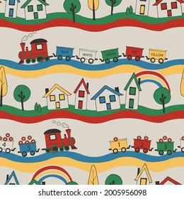 Seamless vector pattern with train on off white background. Children toy wallpaper design. Decorative education fashion textile.