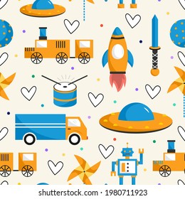 Seamless vector pattern with train, robot, truck, rocket, ball, drum, pinwheel, ufo and sword. Childish backdrop for textile, fabric, paper, games. Cartoon background for kids. Vector illustration