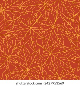 seamless vector pattern of transparent maple leaves with veins on an orange background, textile