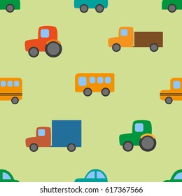 seamless vector pattern of transport: bus, truck, tractor, taxi, and car