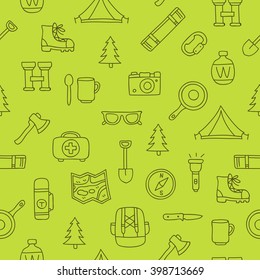 Seamless vector pattern of travel icons on a green background. Excellent background. Elements for design. Camping. Set to survive in the forest.