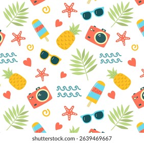 Seamless vector pattern with travel items in flat style. Includes backpack, camera, map, compass, and suitcase. Perfect for tourism ads, packaging, textiles, or web and print design.