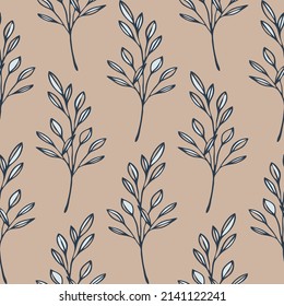Seamless vector pattern with tree branch on beige background. Simple Eco home decor wallpaper design. Decorative twig fashion textile.