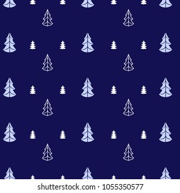 Seamless vector pattern tree isolated on dark blue background, forest backdrop, colorful decorative scandinavian texture woodland design for greeting card, fabric, wrapping paper, invitation, textile
