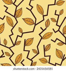 Seamless vector pattern with tree trunk on yellow background. Simple artistic zigzag forest branch wallpaper design. Decorative floral fashion textile.