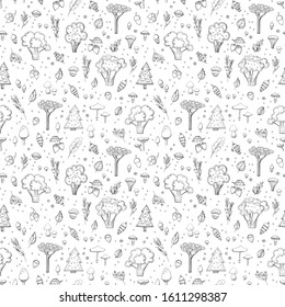 Seamless vector pattern with trees, fir trees, mushrooms, nuts and berries, on white background.Doodle style.