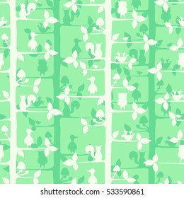 Seamless vector pattern with trees, forest birds and animals.