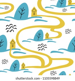 Seamless vector pattern with trees, houses and road. Fabric design.