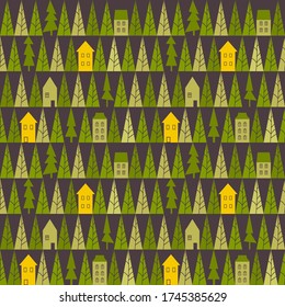 Seamless vector pattern with trees and houses in night forest. 