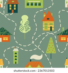 Seamless vector pattern with trees, houses, map. Pattern for fabrics, clothing, holidays, packaging paper, pajamas.