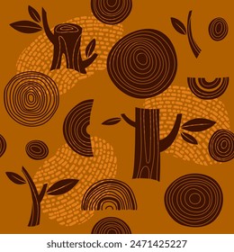 
Seamless vector pattern, trees, leaves, branches, stumps and sections of tree trunks on an orange-ocher background