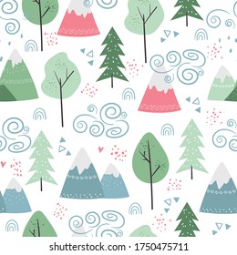 Seamless vector pattern with trees, mountains, weather clouds. Cute indian background for kids in scandinavian style. 