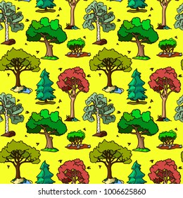 seamless vector pattern with trees on yellow background