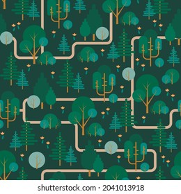 Seamless vector pattern of trees and paths. Forest background, autumn forest. Children's wallpapers. Flat style.