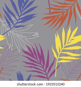 Seamless vector pattern in trendy colors. Bright blue, yellow, violet leaves on gray background. Design for beauty, fashion, interior decoration. Suited for textile, background, wallpaper, wrapping.