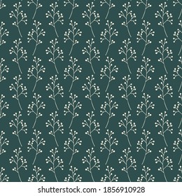Seamless vector pattern in trendy, noble colors. Branches with berries on a gray-green background.