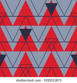 Seamless vector pattern with triangles on red background. Geometrical texture wallpaper design. Modern fashion textile.