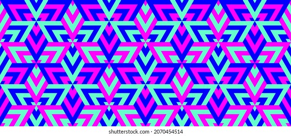 Seamless vector pattern. Triangles. Optical illusions. Op Art backdrop. Modern template for fabric, textile or wrapping. Geometric ornament. Stylish background. Wallpapers. Electric colors. 3D Tiles.