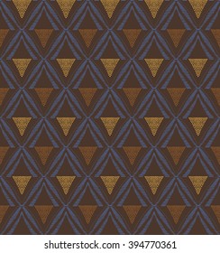Seamless vector pattern from tribal african ornament of blue, yellow and brown colors. Graphical hand drawn background. Vector illustration