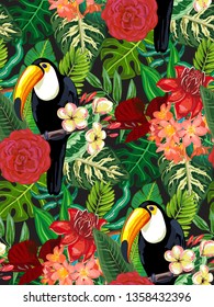 Seamless vector pattern with tropic bird toucan with exotic flowers and palm leaves. Summer floral print. Endless animal background