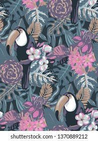 Seamless vector pattern with tropic bird toucan with exotic flowers and palm leaves. Summer floral print. Endless animal background