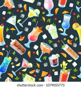 Seamless vector pattern with tropical alcohol cocktails. Beverages and drinks bar, restaurant black background.