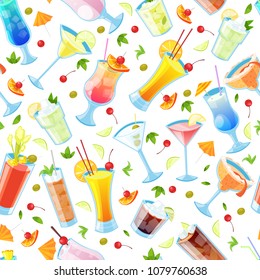 Seamless vector pattern with tropical alcohol cocktails. Beverages and drinks bar, restaurant white background.