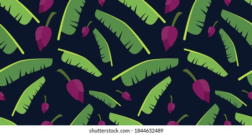 Patrón vectorial sin foco de la hoja de plátano tropical y el plátano Blossom aislados en fondo azul oscuro. Ornamento exótico, tapicería tropical. plantas tropicales botánicas. Ilustración del vector EPS10.
