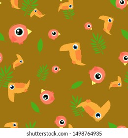 Seamless vector pattern with tropical birds and leaves. Vector cartoon illustration with red and orange birds for printing, textile, wallpapers, wrapping paper, web-design.