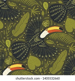 Seamless vector pattern with Tropical Bright Toucan Bird. Folk illustration in Scandinavian style. Summer tropic card.