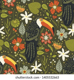 Seamless vector pattern with Tropical Bright Toucan Bird. Folk illustration in Scandinavian style. Summer tropic card.