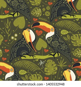 Seamless vector pattern with Tropical Bright Toucan Bird. Folk illustration in Scandinavian style. Summer tropic card.